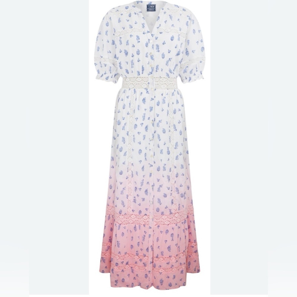 River Island Ombre Maxi Dress Short Sleeves Eyelet Trim Size 10
